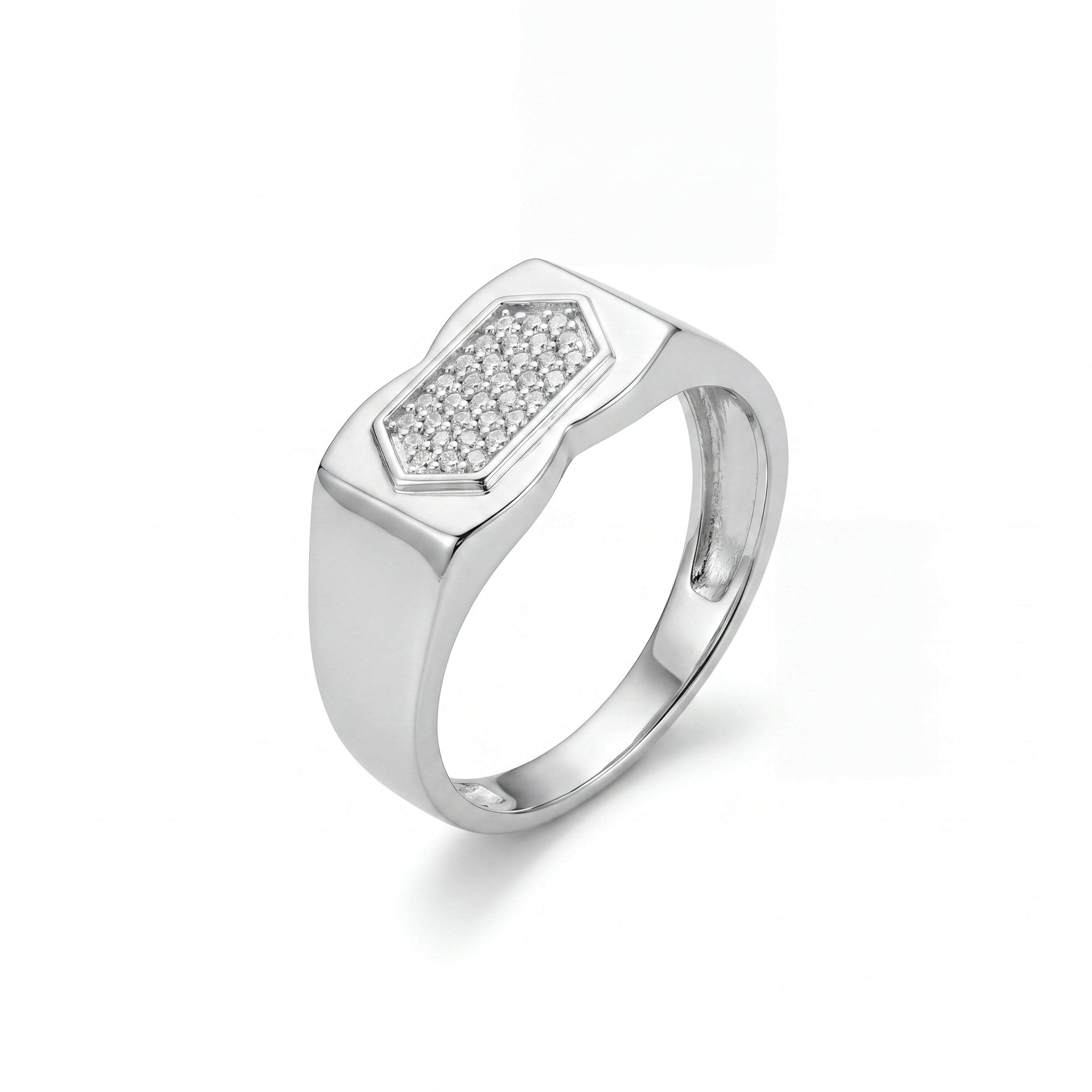 Hexagonal CZ Top 925 Sterling Silver Men's Minimal Modern Ring