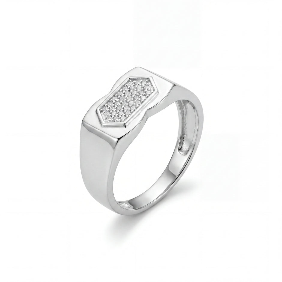 Hexagonal CZ Top 925 Sterling Silver Men's Minimal Modern Ring