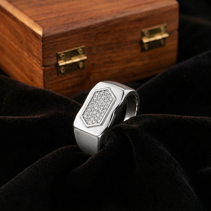Hexagonal CZ Top 925 Sterling Silver Men's Minimal Modern Ring