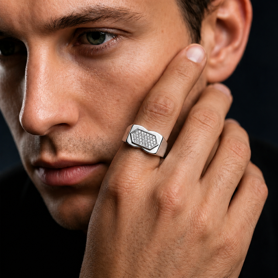 925 sterling silver men’s hexagonal CZ modern ring