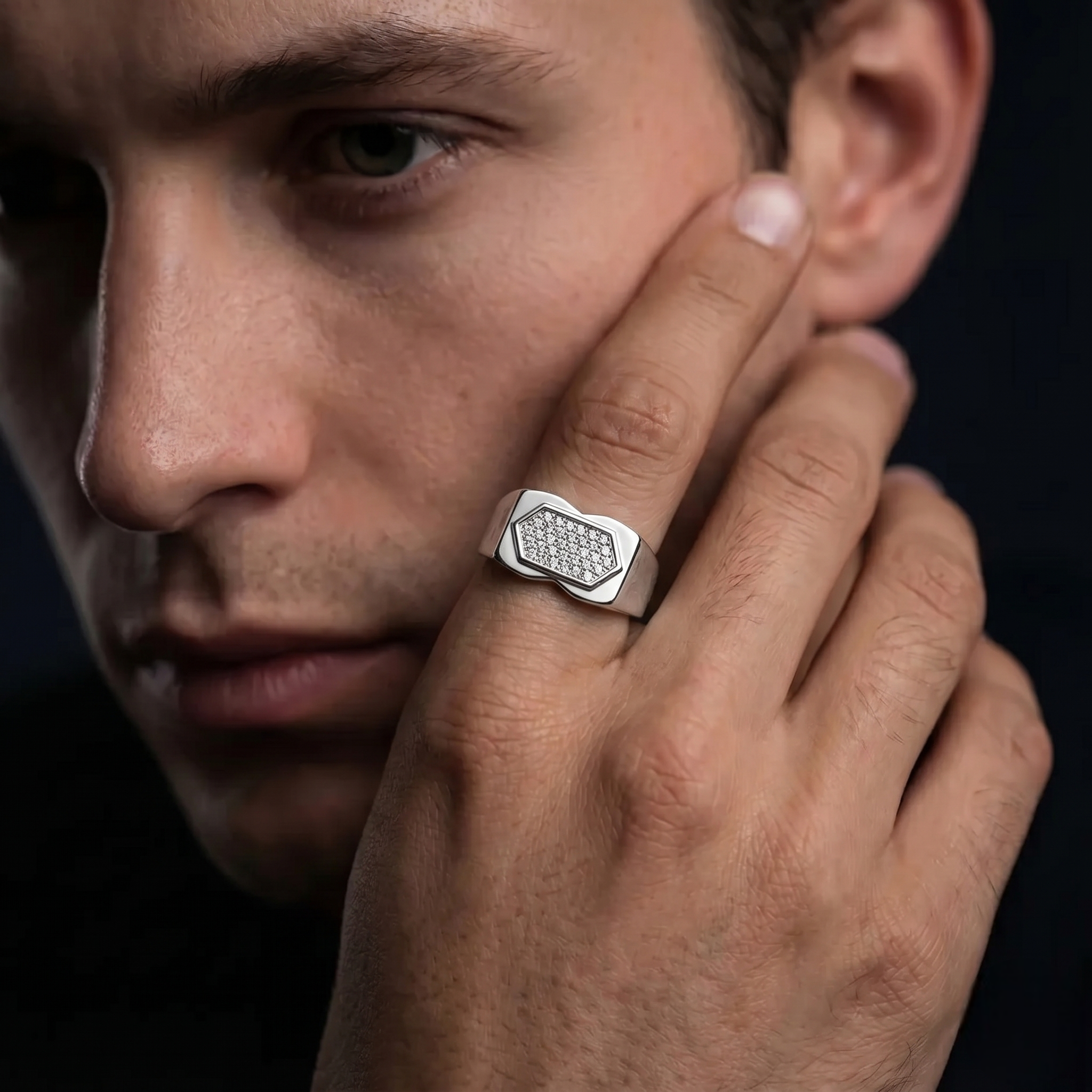 Hexagonal CZ Top 925 Sterling Silver Men's Minimal Modern Ring