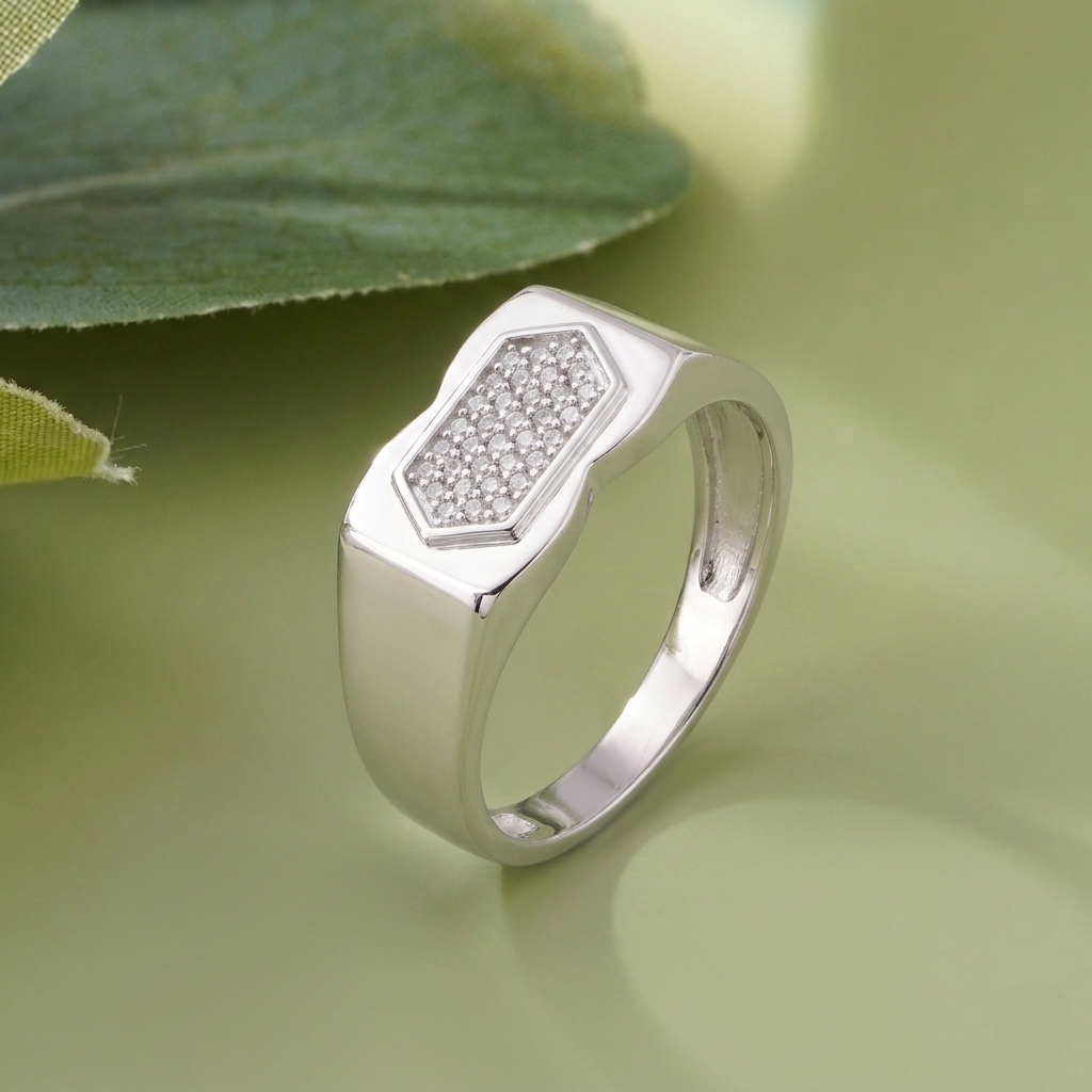 Hexagonal CZ Top 925 Sterling Silver Men's Minimal Modern Ring