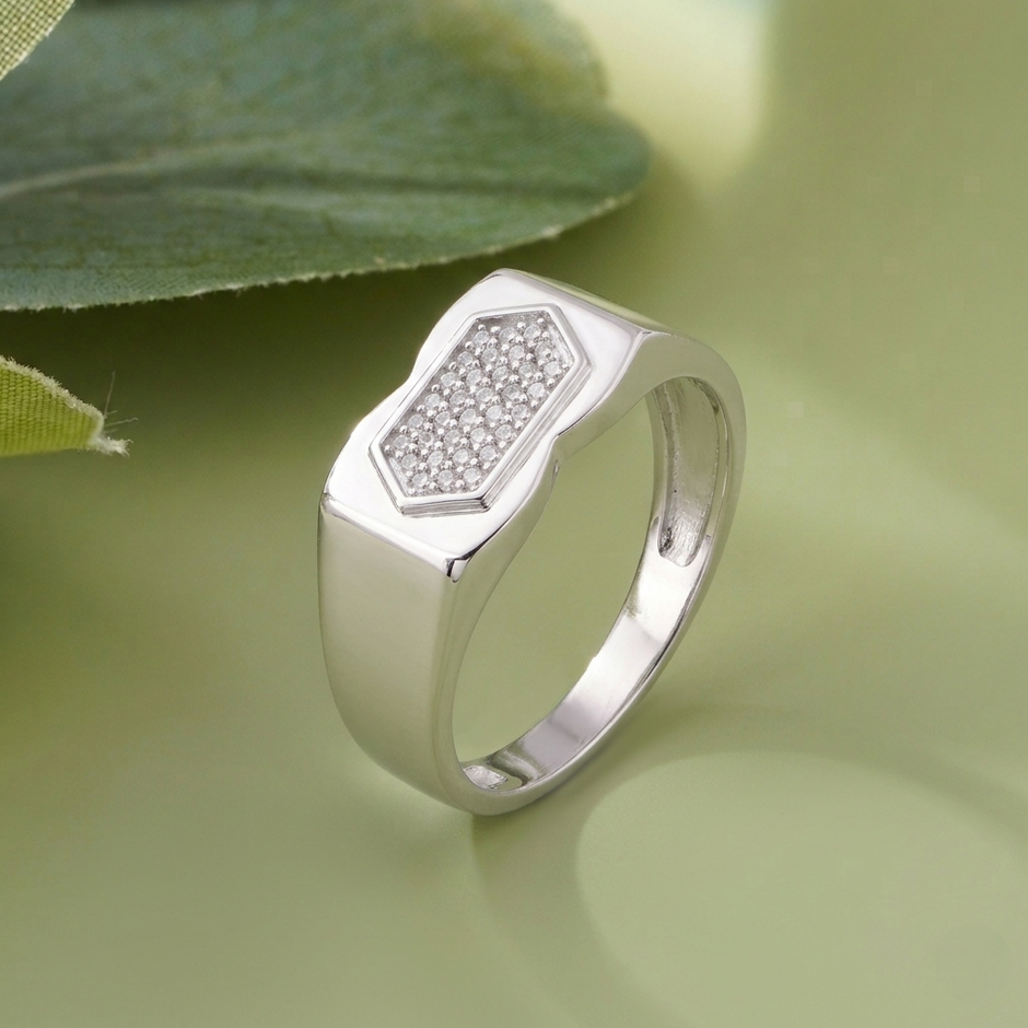 Hexagonal CZ Top 925 Sterling Silver Men's Minimal Modern Ring