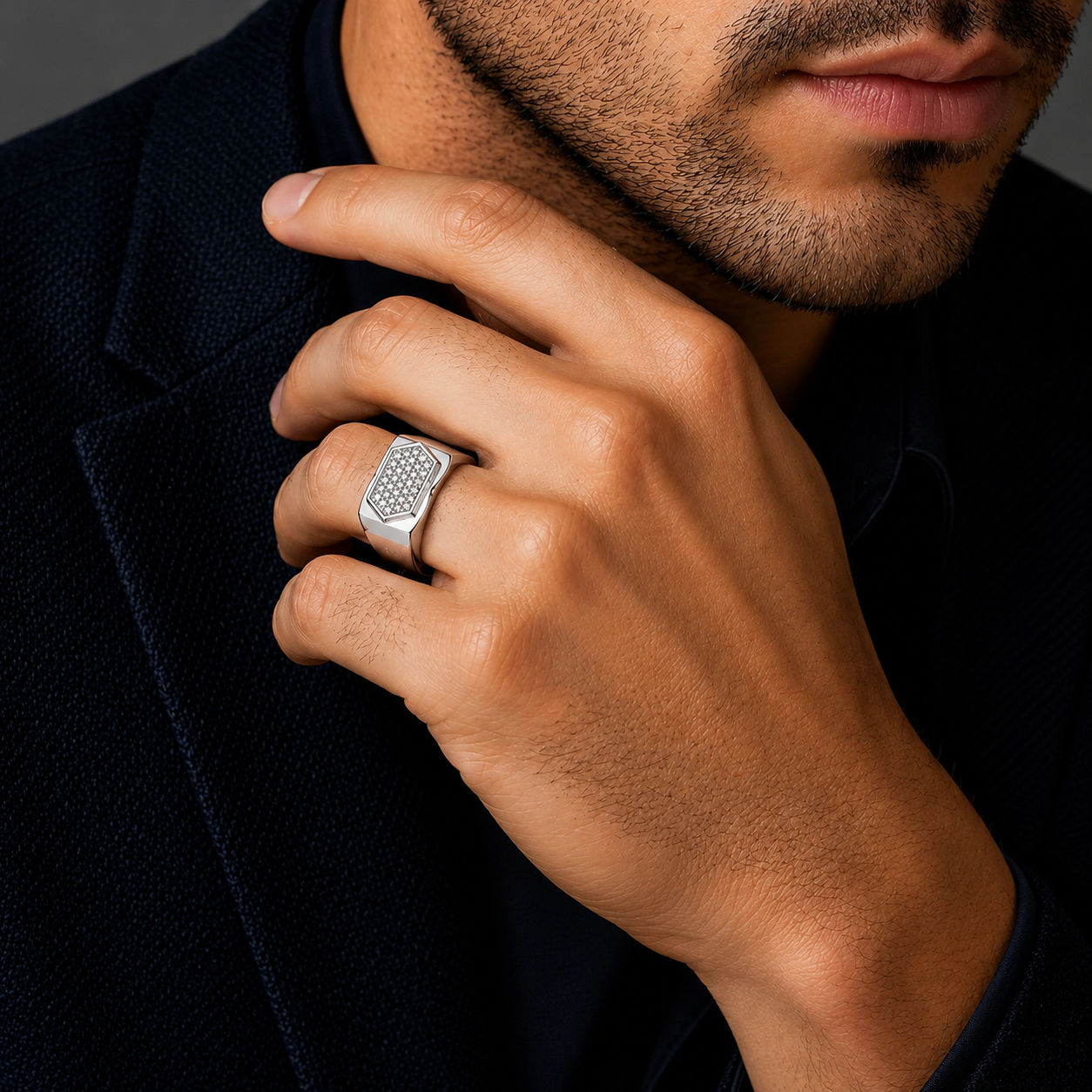 925 sterling silver men’s hexagonal CZ modern ring