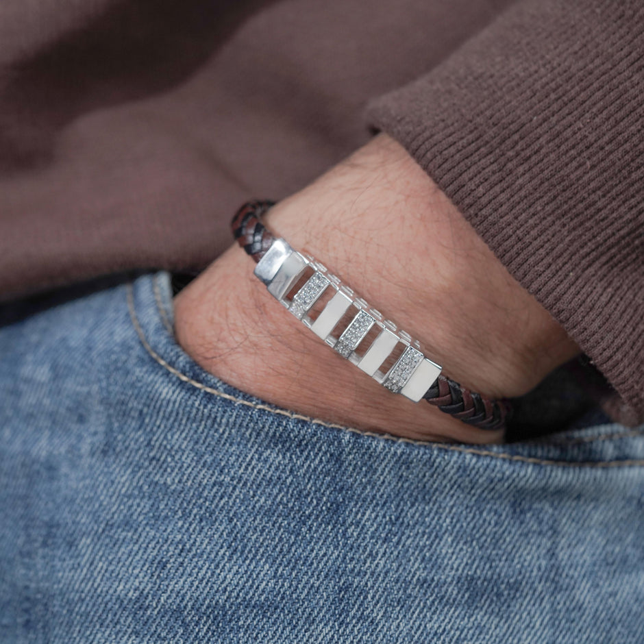Dual Tone Diamond 925 Sterling Silver Leather Bracelet for Men