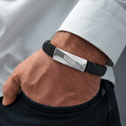 Black Rubber Curved Silver CZ 925 Sterling Silver Bracelet for Men