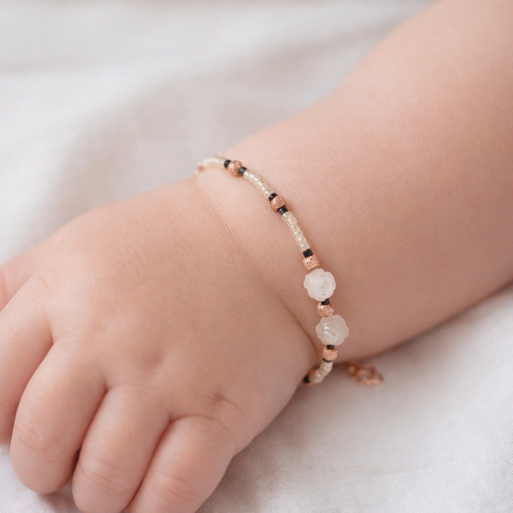 Ivory Rose Beaded 925 Sterling Silver Rose Gold Kid's Adjustable Bracelet