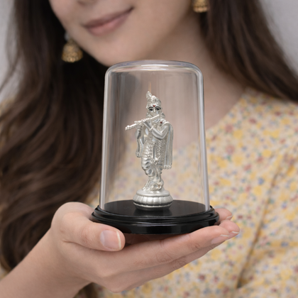 Krishna Ji Silver Murti in Glass Dome