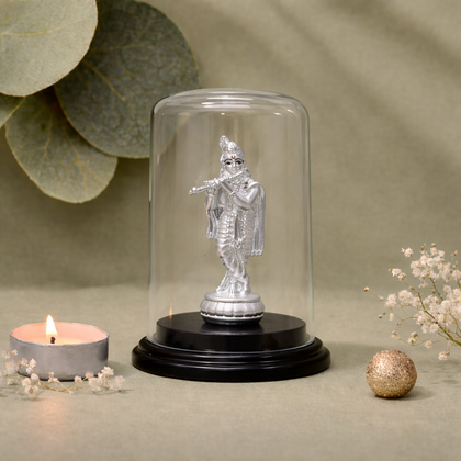 Krishna Ji Silver Murti in Glass Dome