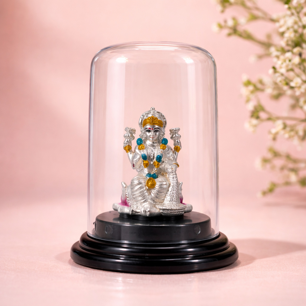 Lakshmi Mata Silver Murti with Glass Dome