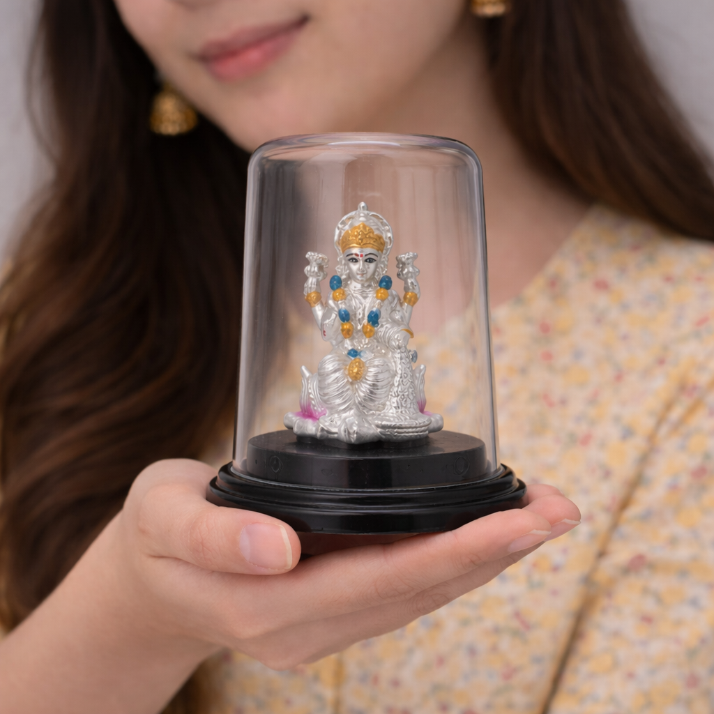 Lakshmi Mata Silver Murti with Glass Dome