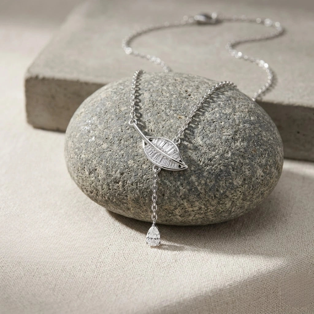 Leaf Drop Diamond 925 Sterling Silver Pendant Chain for Women