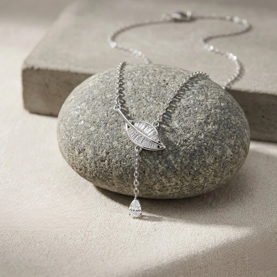Leaf Drop Diamond 925 Sterling Silver Pendant Chain for Women
