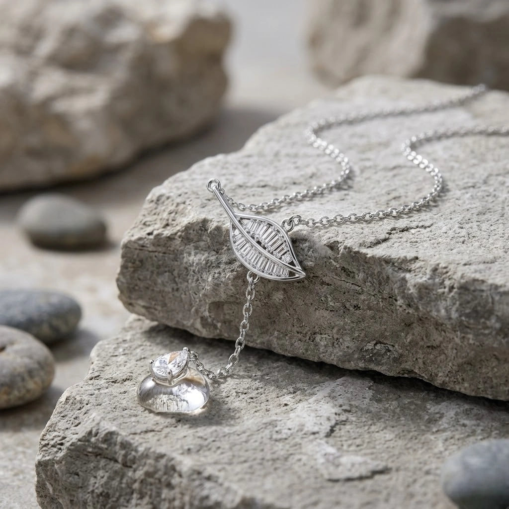 Leaf Drop Diamond 925 Sterling Silver Pendant Chain for Women