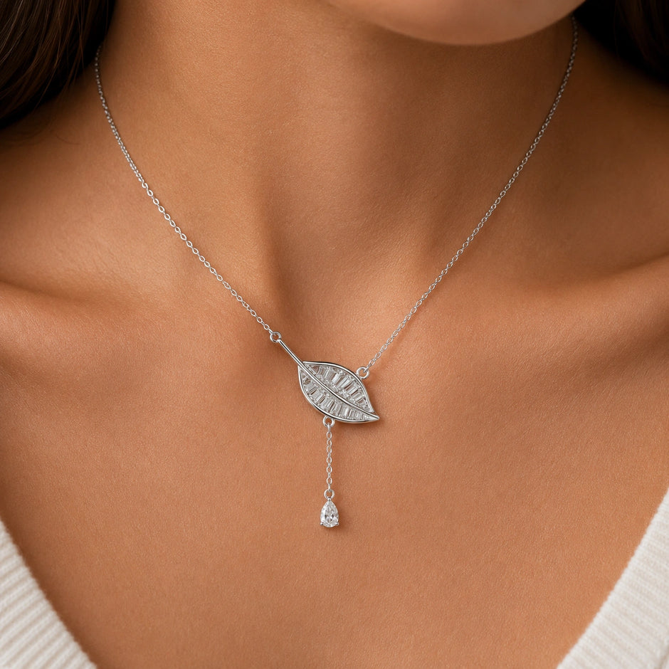 Leaf Drop Diamond 925 Sterling Silver Pendant Chain for Women