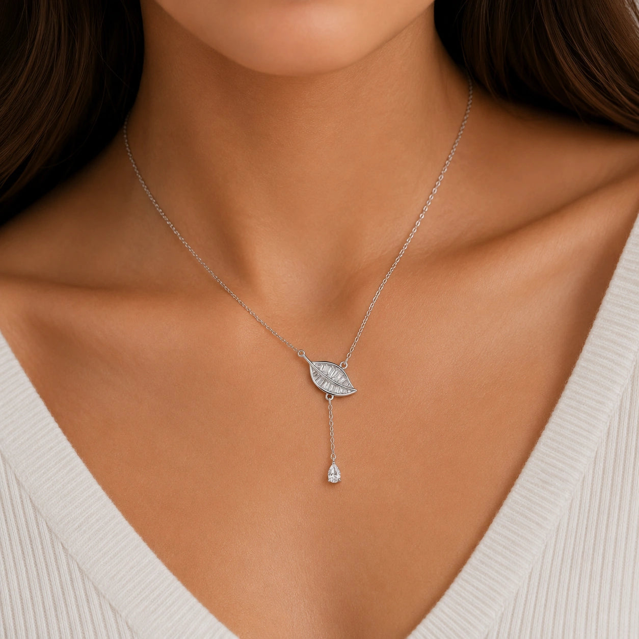 Leaf Drop Diamond 925 Sterling Silver Pendant Chain for Women