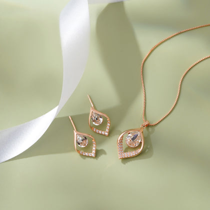 Leaf Pear Drop Diamond CZ 925 Sterling Silver Rose Gold Pendant Set for Women