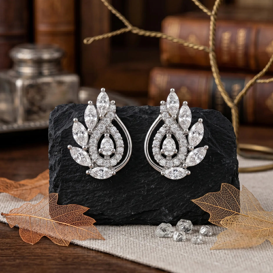 Leaf Swirl Diamond 925 Sterling Silver Stud Earrings for Women