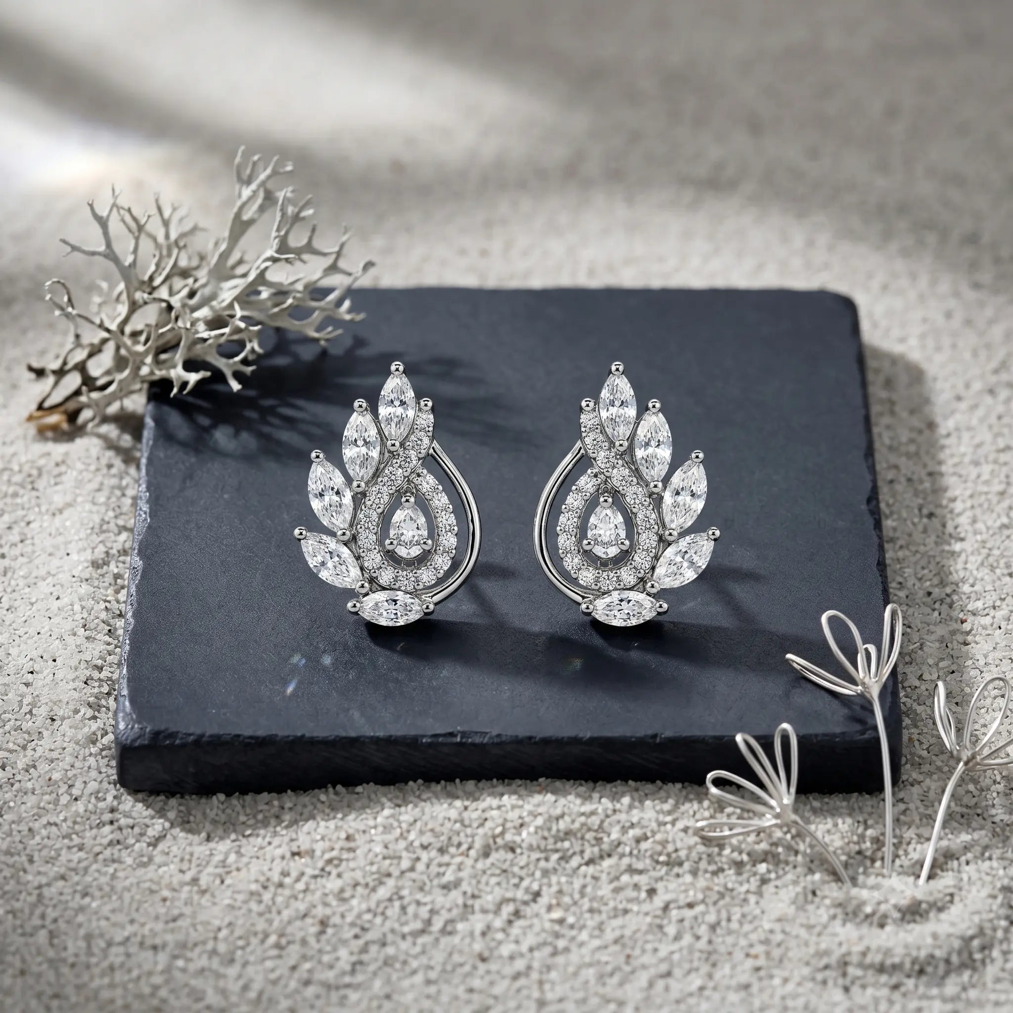 Leaf Swirl Diamond 925 Sterling Silver Stud Earrings for Women