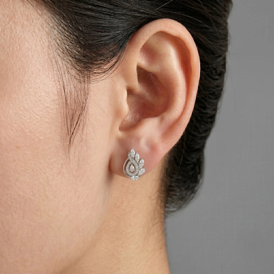 Leaf Swirl Diamond 925 Sterling Silver Stud Earrings for Women