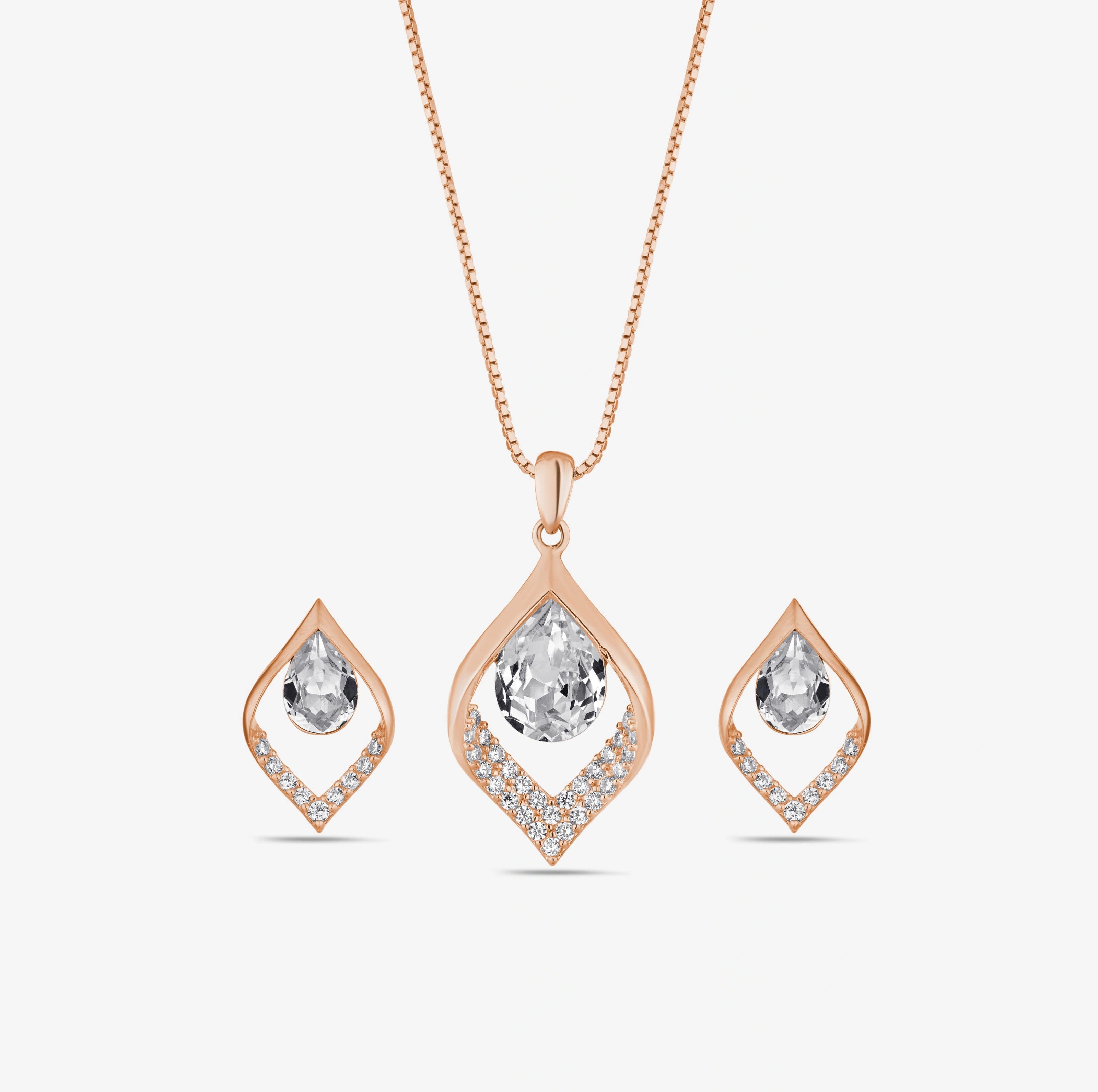 Leaf Pear Drop Diamond CZ 925 Sterling Silver Rose Gold Pendant Set for Women
