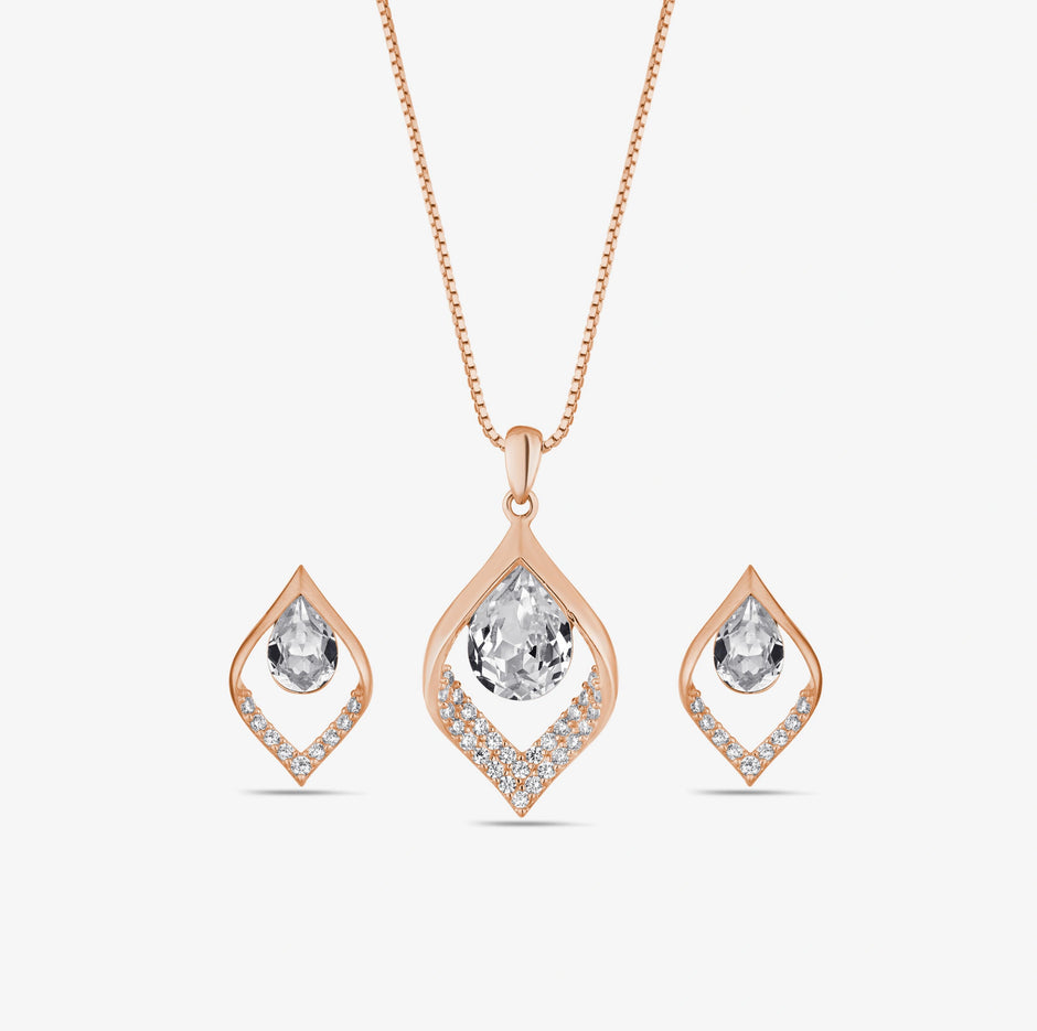 Leaf Pear Drop Diamond CZ 925 Sterling Silver Rose Gold Pendant Set for Women