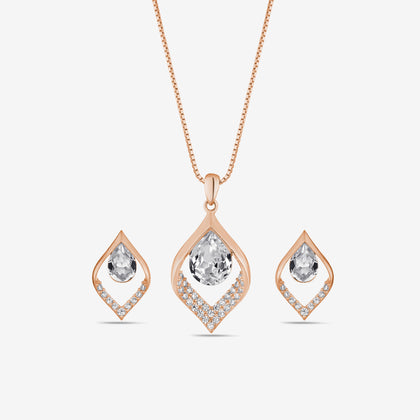 Leaf Pear Drop Diamond CZ 925 Sterling Silver Rose Gold Pendant Set for Women