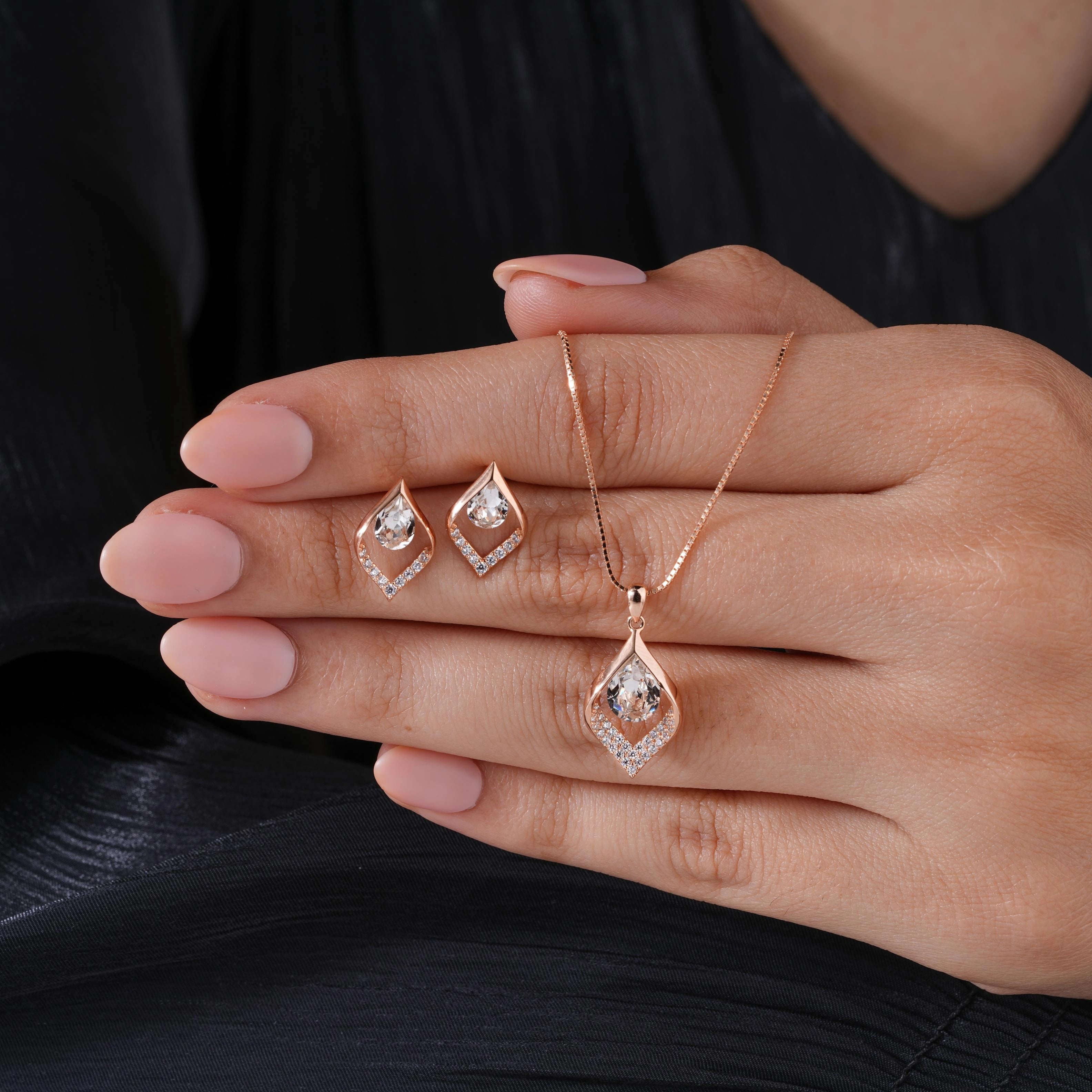 Leaf Pear Drop Diamond CZ 925 Sterling Silver Rose Gold Pendant Set for Women