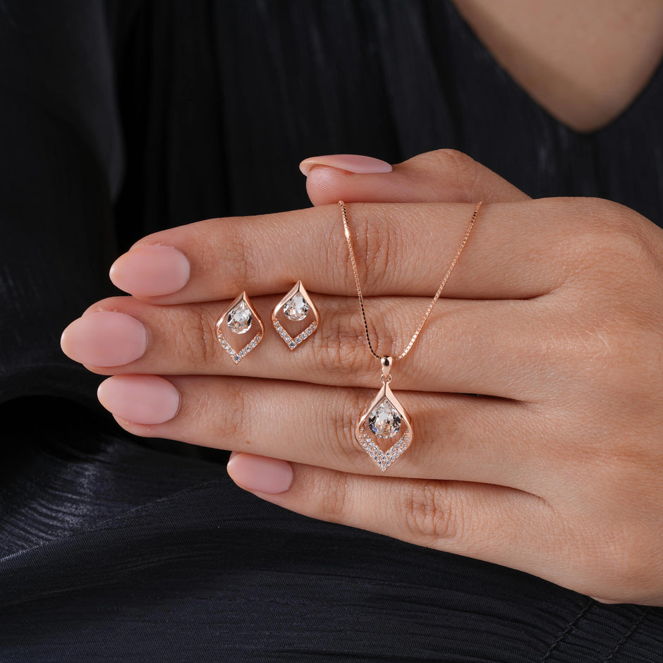 Leaf Pear Drop Diamond CZ 925 Sterling Silver Rose Gold Pendant Set for Women