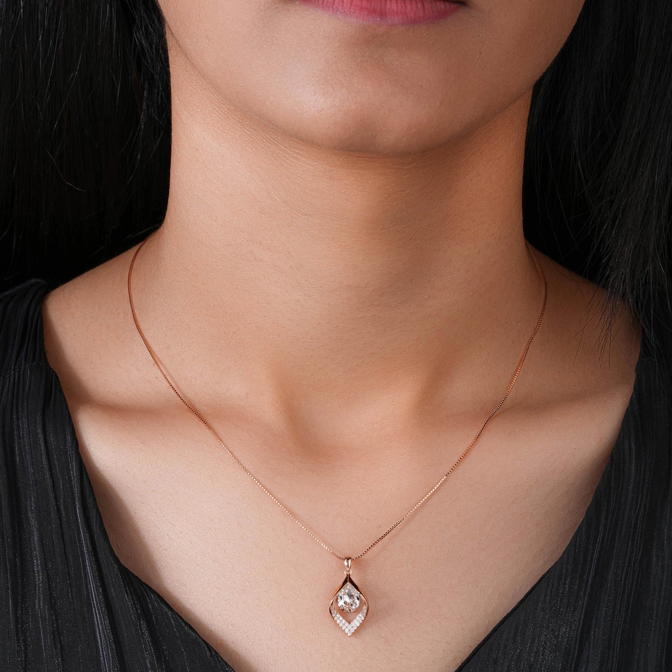 Leaf Pear Drop Diamond CZ 925 Sterling Silver Rose Gold Pendant Set for Women