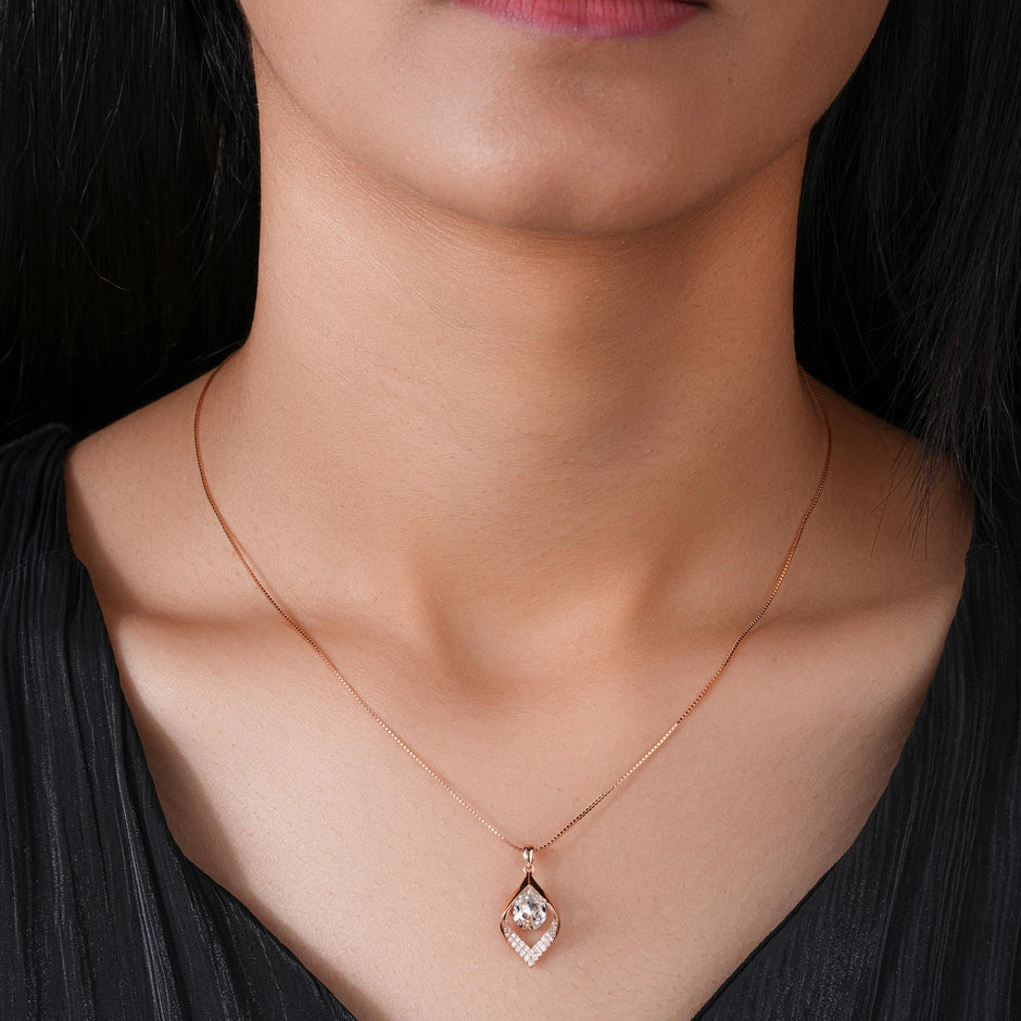 Leaf Pear Drop Diamond CZ 925 Sterling Silver Rose Gold Pendant Set for Women