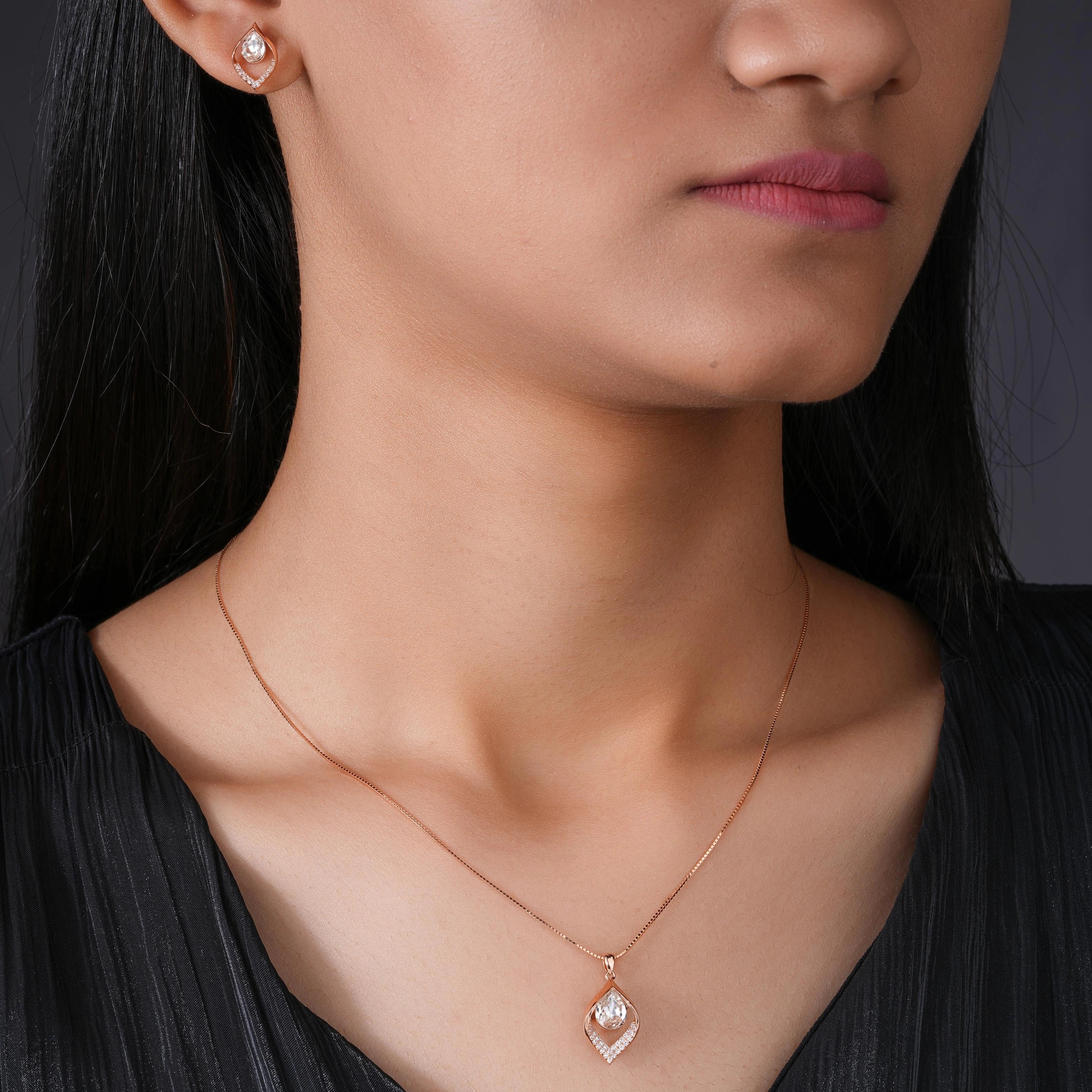 Leaf Pear Drop Diamond CZ 925 Sterling Silver Rose Gold Pendant Set for Women