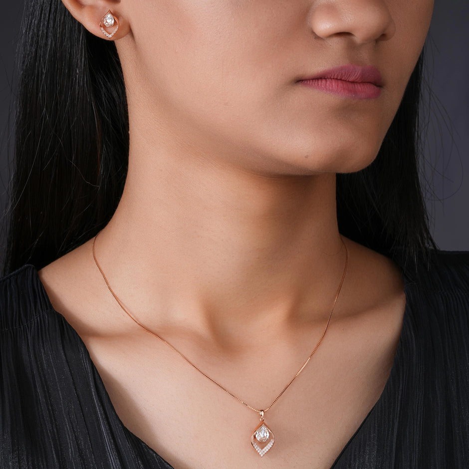 Leaf Pear Drop Diamond CZ 925 Sterling Silver Rose Gold Pendant Set for Women