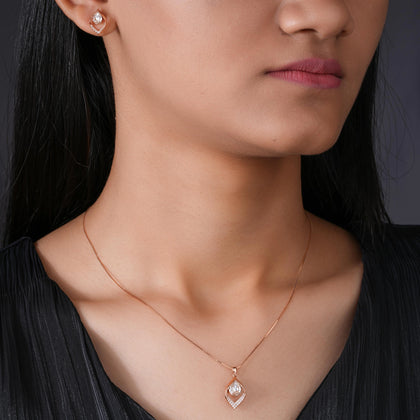 Leaf Pear Drop Diamond CZ 925 Sterling Silver Rose Gold Pendant Set for Women