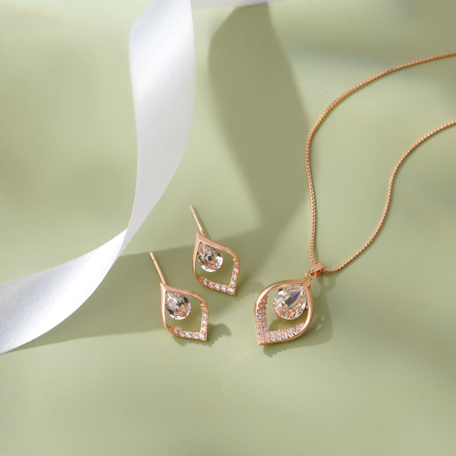 Leaf Pear Drop Diamond CZ 925 Sterling Silver Rose Gold Pendant Set for Women