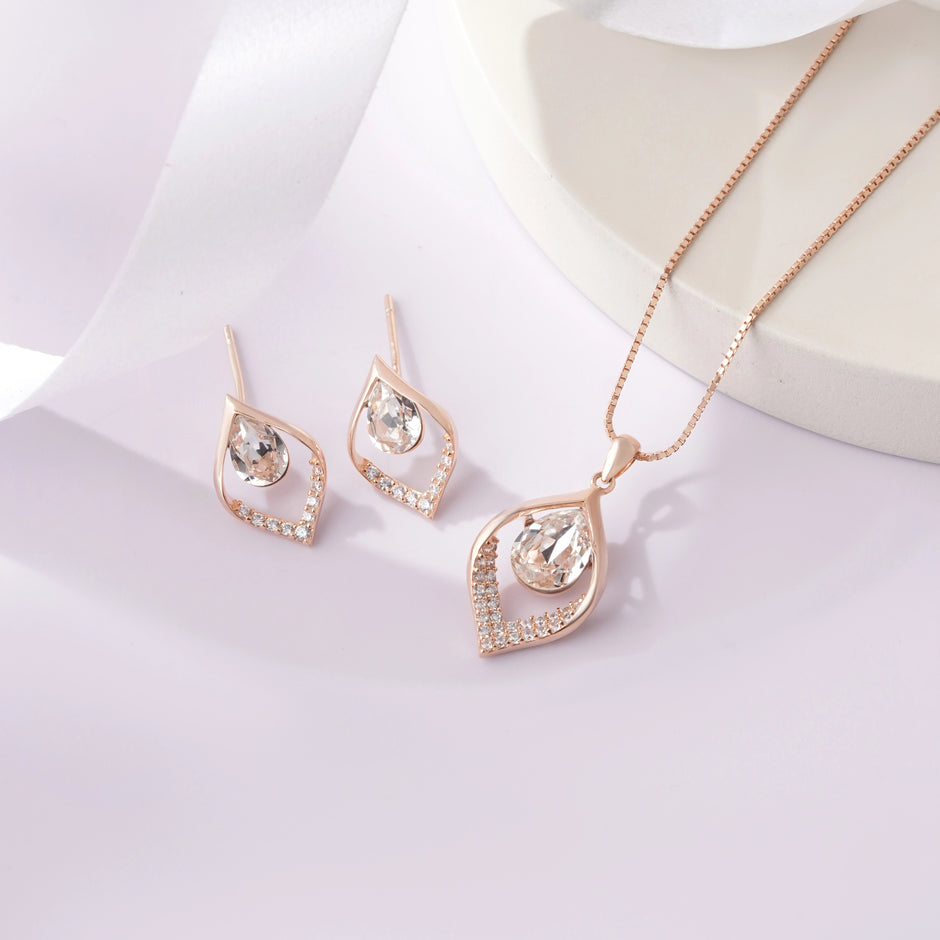 Leaf Pear Drop Diamond CZ 925 Sterling Silver Rose Gold Pendant Set for Women