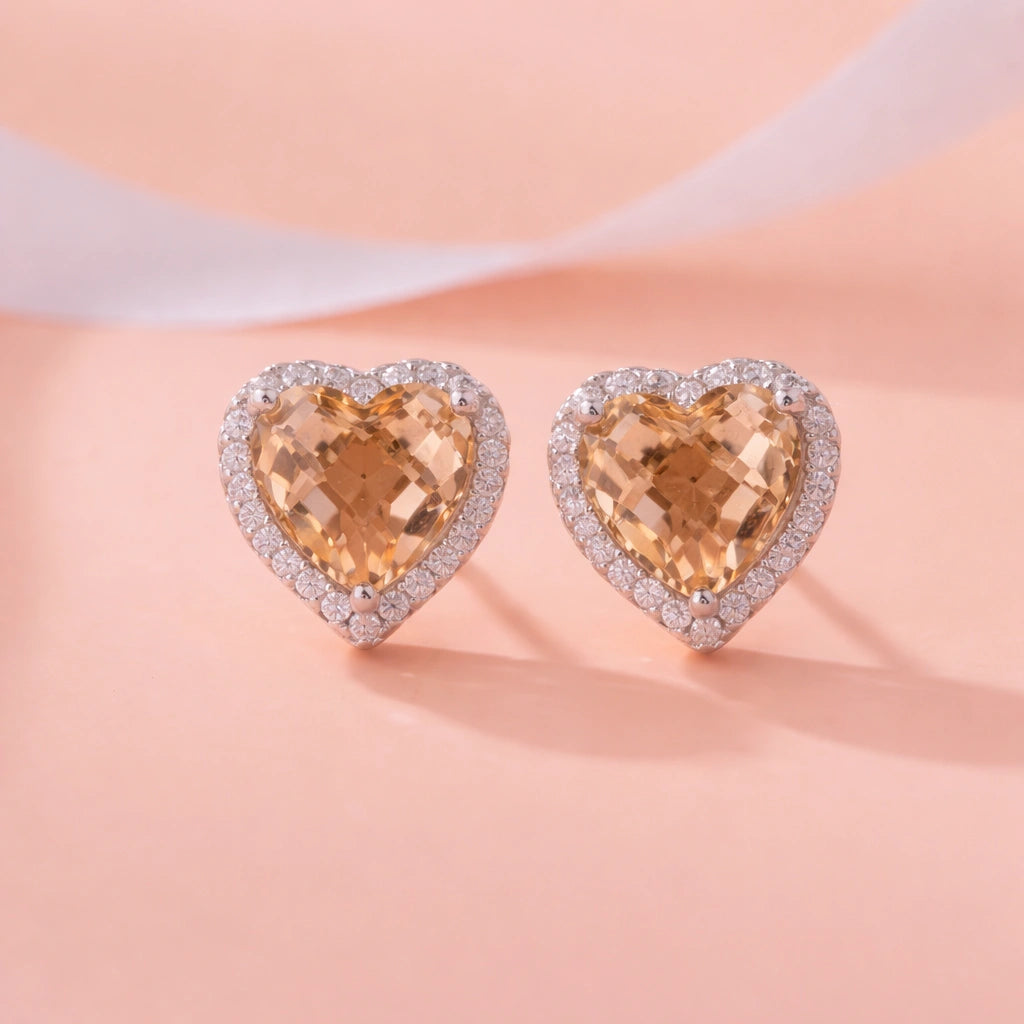Light Brown Stone Heart Silver Earrings