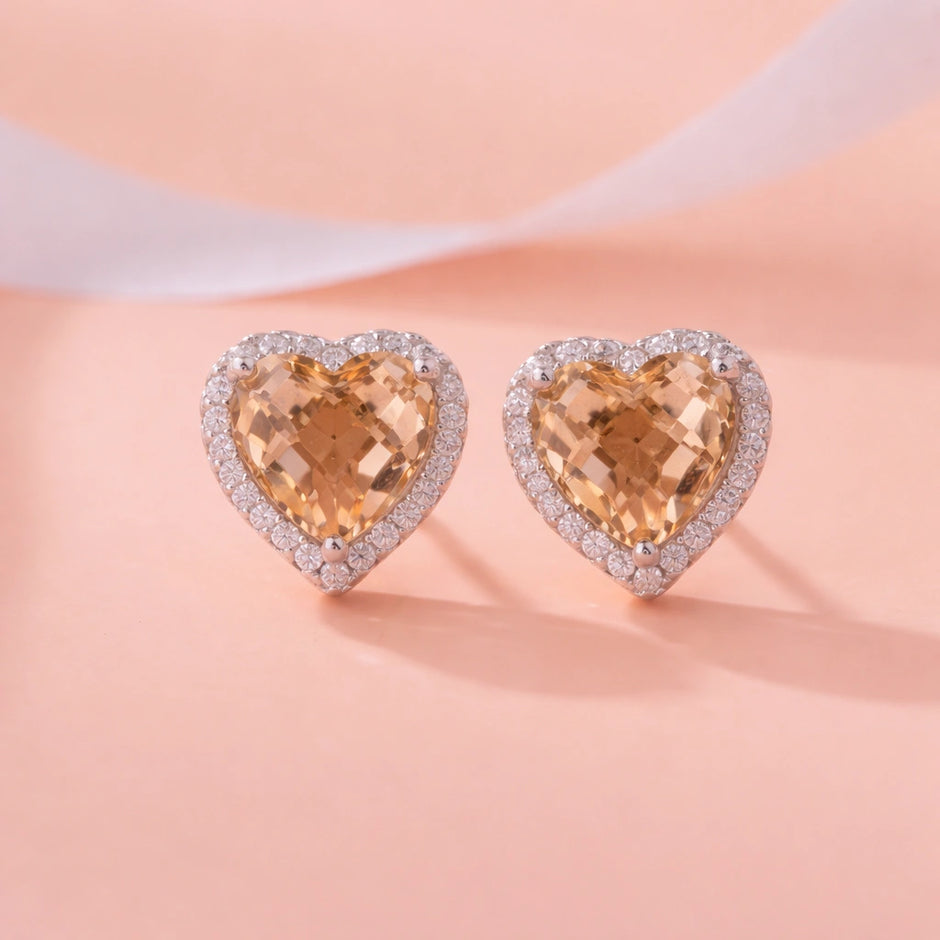 Light Brown Stone Heart Silver Earrings