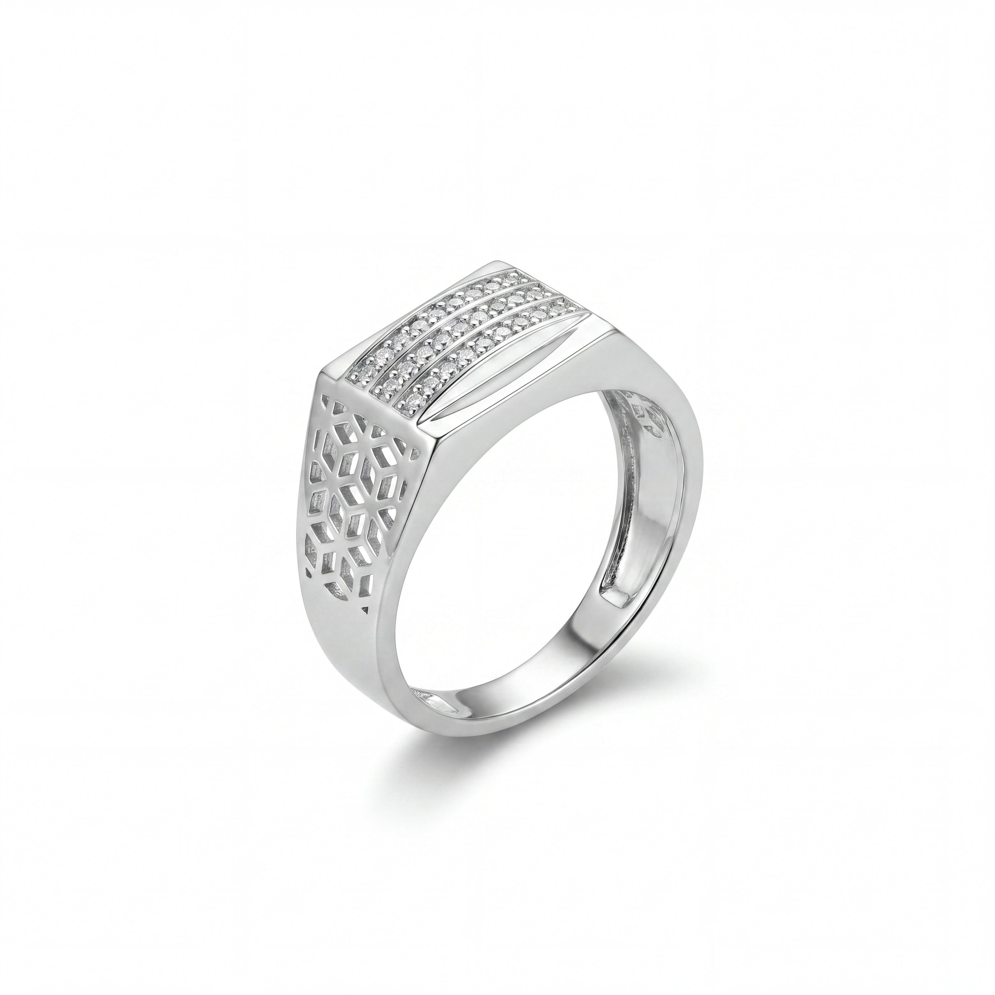 Linear Stone Design 925 Sterling Silver Men's Ring with Geometric Cutwork
