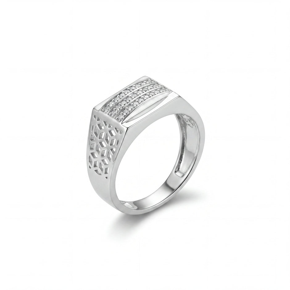 Linear Stone Design 925 Sterling Silver Men's Ring with Geometric Cutwork