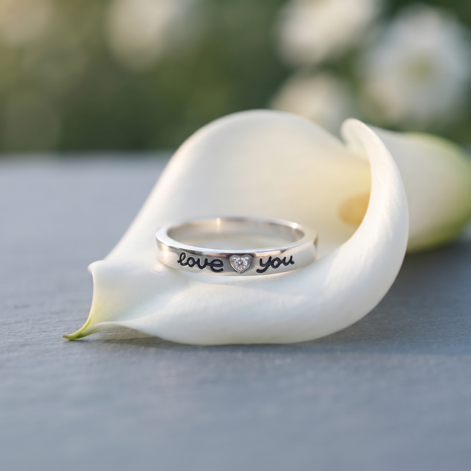 925 Sterling Silver "Love You" Engraved Ring for Women with Heart Cubic Zirconia Minimalist Promise Band