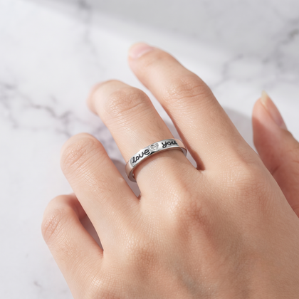 925 Sterling Silver "Love You" Engraved Ring for Women with Heart Cubic Zirconia Minimalist Promise Band