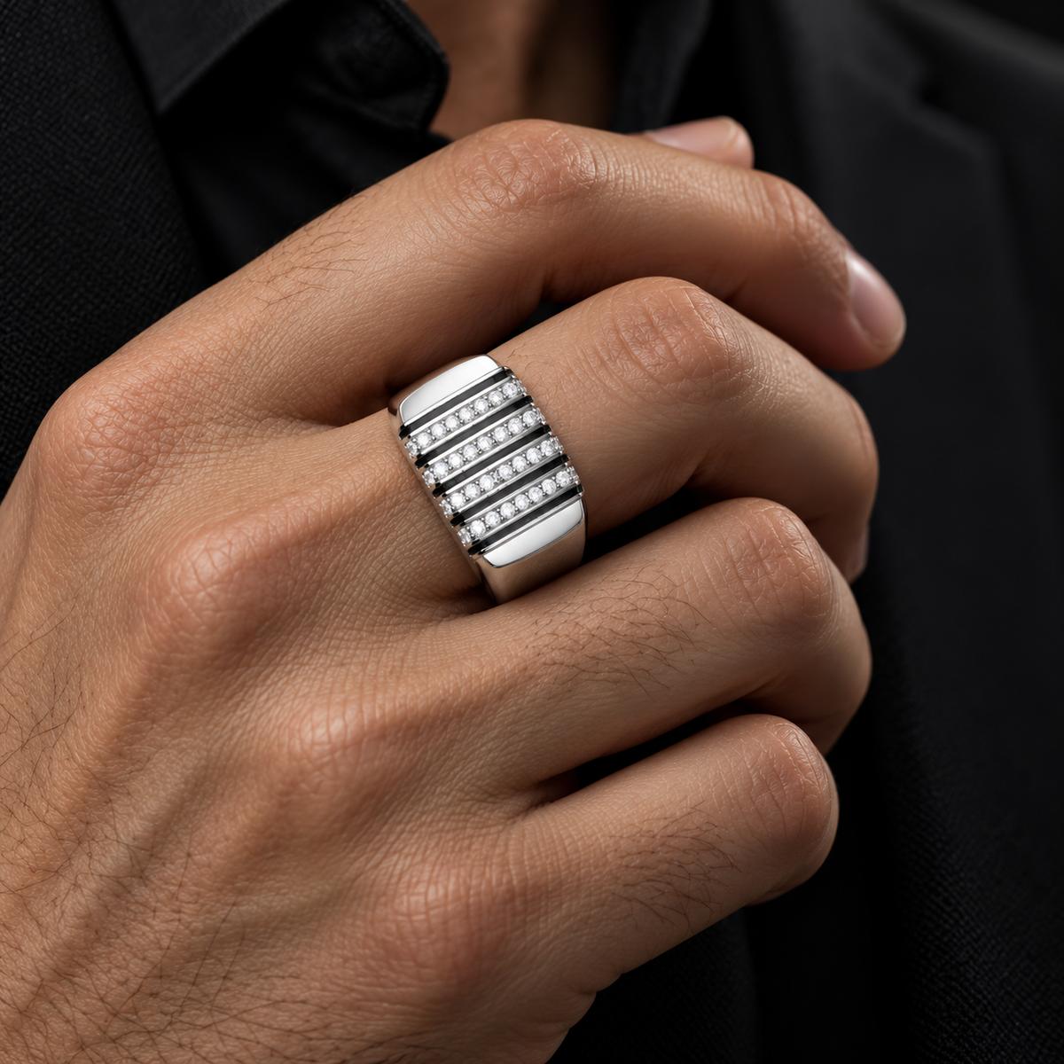 Modern Diamond Stripe Ring for Men  925 Sterling Silver