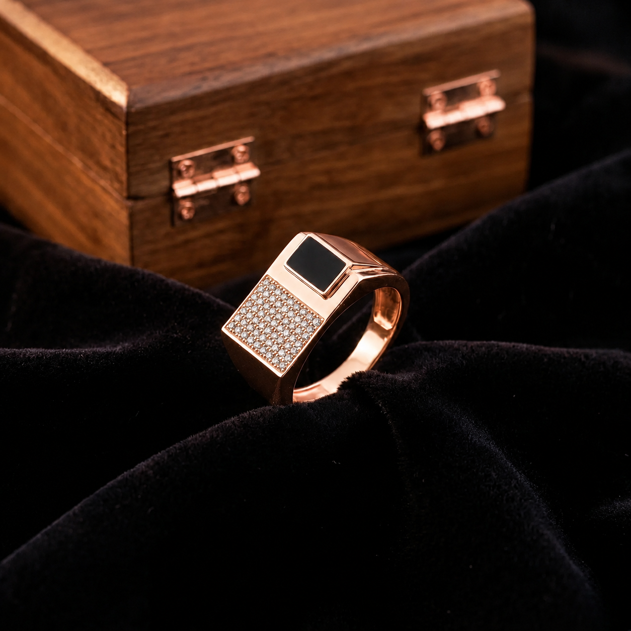 Rose Gold Finish Sterling Silver Ring for Men with Black Enamel