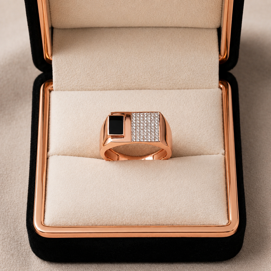 Rose Gold Finish Sterling Silver Ring for Men with Black Enamel