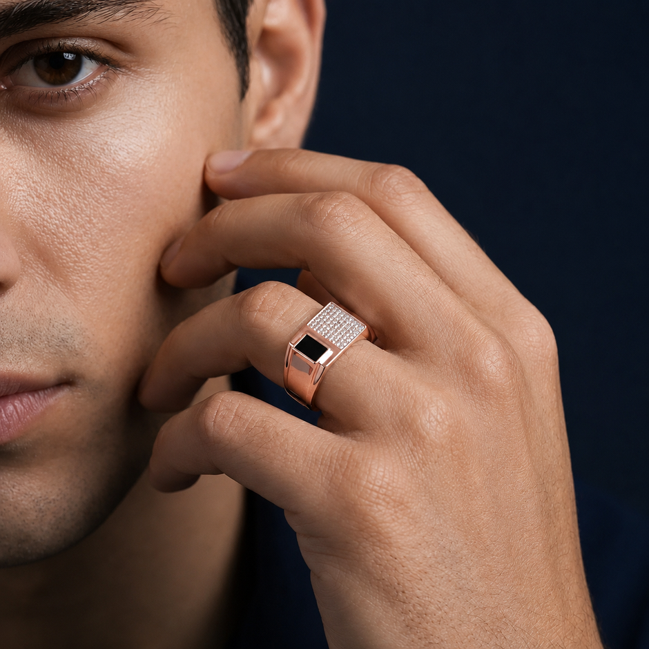 Rose Gold Finish Sterling Silver Ring for Men with Black Enamel