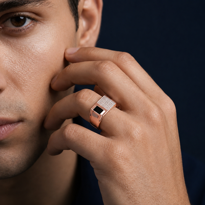 Rose Gold Finish Sterling Silver Ring for Men with Black Enamel