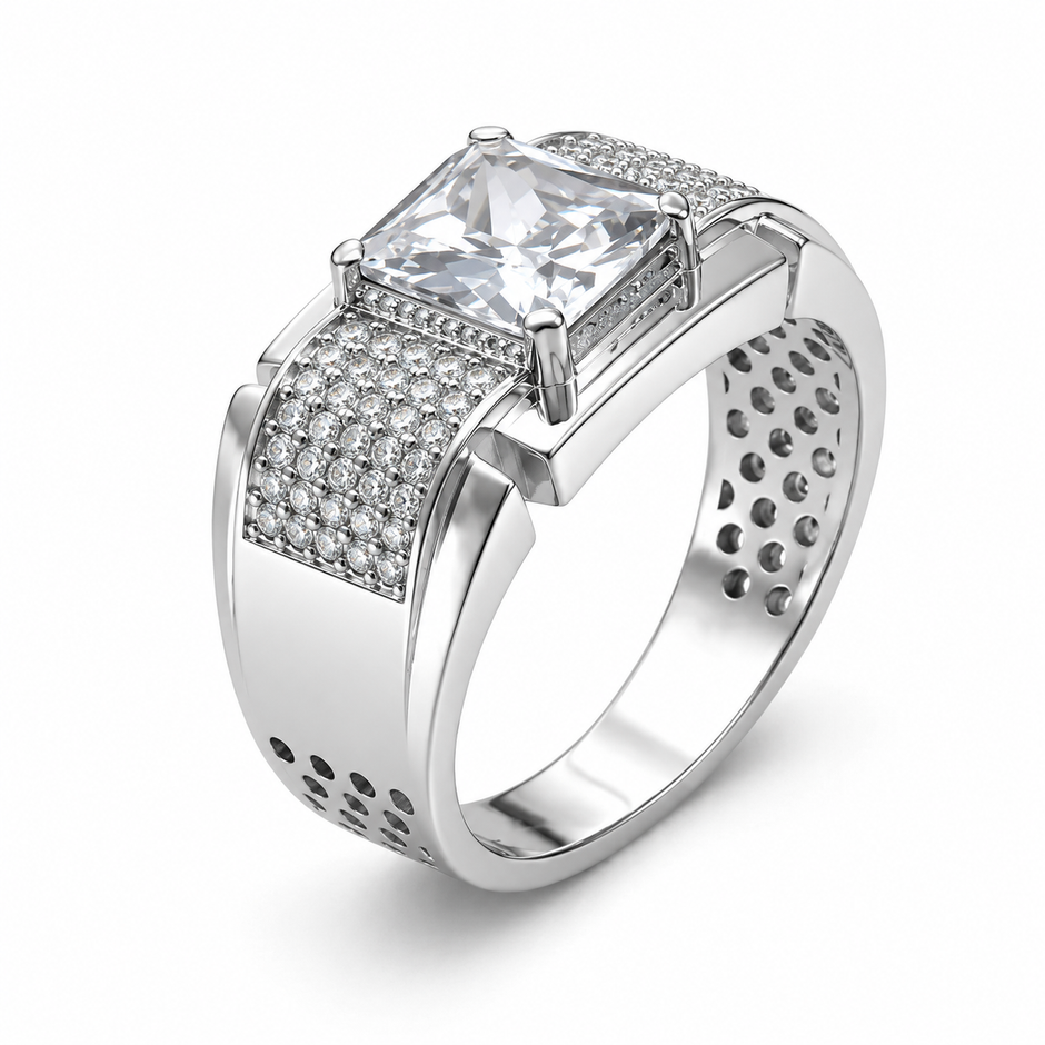 Premium Sterling Silver Ring for Men with Princess Cut Cubic Zirconia