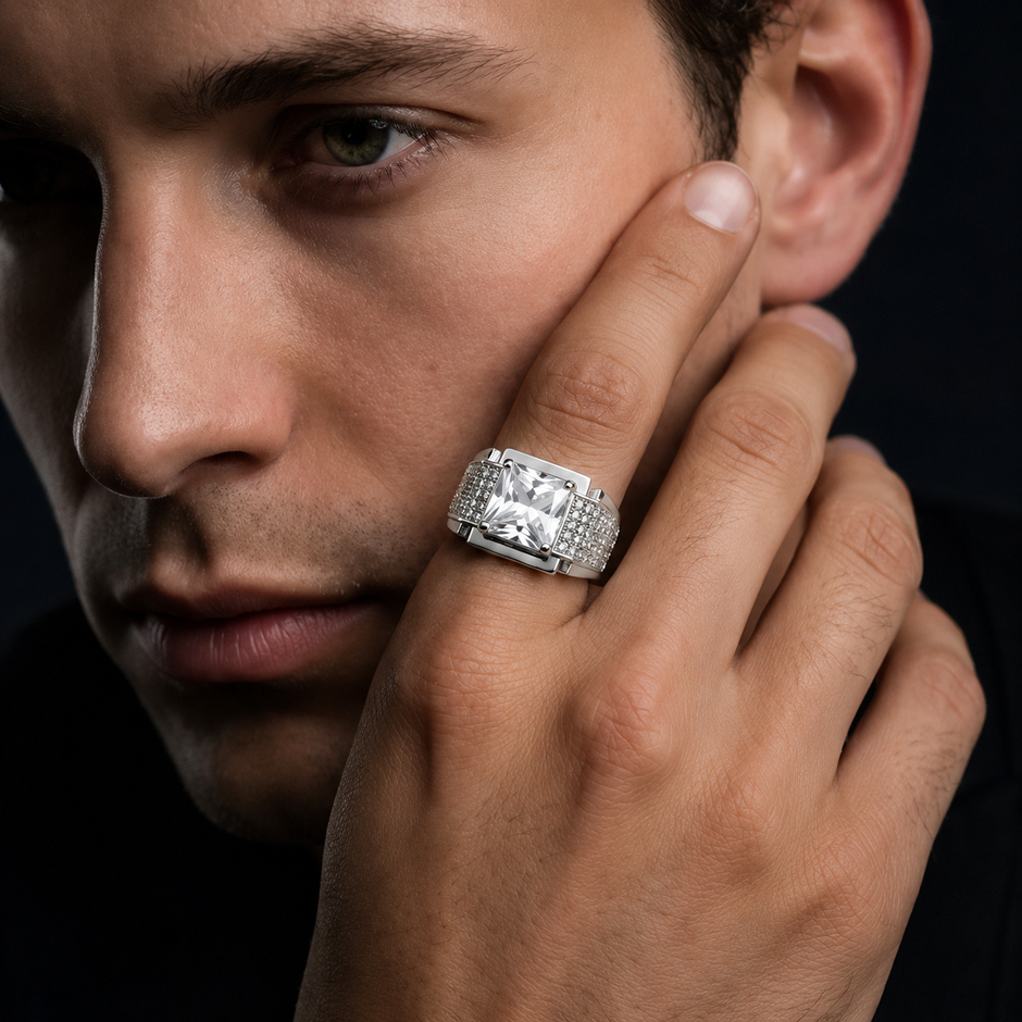 Premium Sterling Silver Ring for Men with Princess Cut Cubic Zirconia