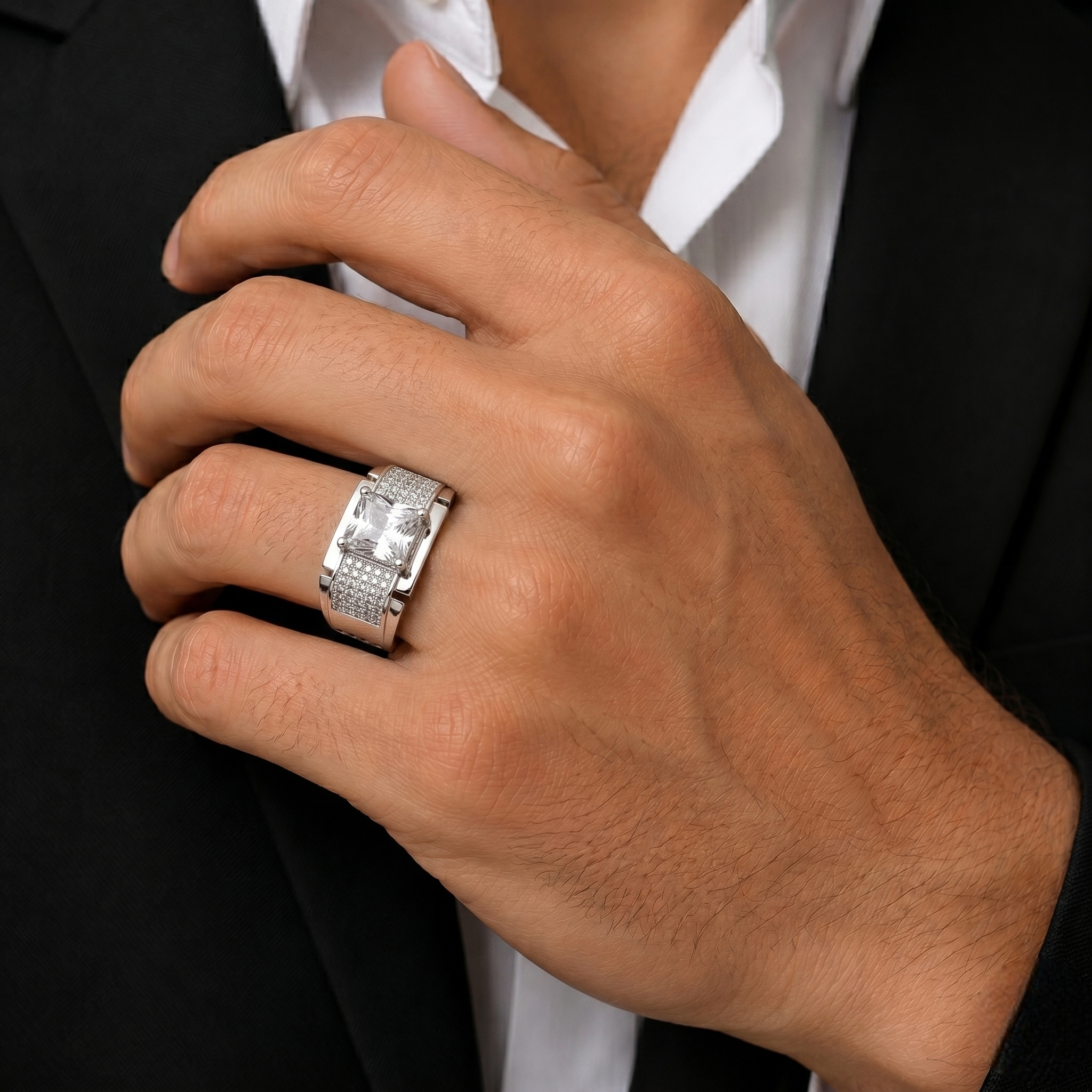 Premium Sterling Silver Ring for Men with Princess Cut Cubic Zirconia